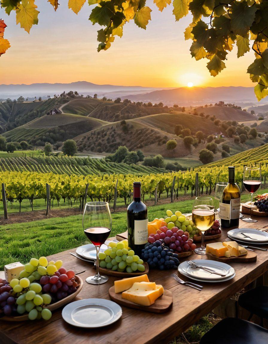 A picturesque vineyard landscape in Ashland, filled with ripe grapevines under a golden sunset. In the foreground, a group of diverse people clinking glasses of wine, showcasing joy and celebration. Banners and festive decorations subtly frame the scene, hinting at wine festivals in the backdrop. A rustic wooden table adorned with cheese, fruits, and wine bottles adds to the ambiance. super-realistic. vibrant colors. warm lighting.