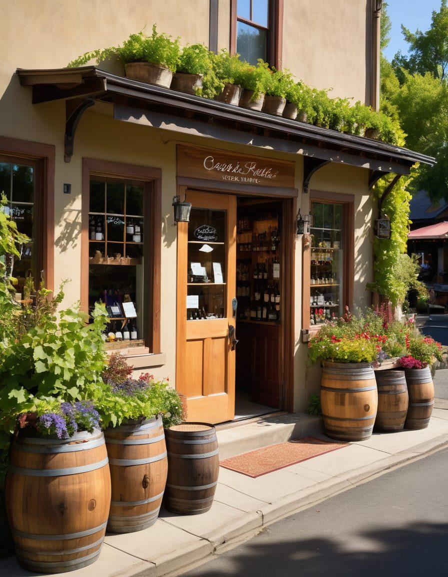 A picturesque scene featuring a charming local wine shop in Ashland, adorned with lush grapevines and rustic wooden barrels. Include a welcoming display of elegant wine bottles and accessories, such as corkscrews and glasses. The shop's colorful signage should reflect a cozy atmosphere, with people enjoying tastings outside. Capture the essence of local culture and community in the ambiance. vibrant colors. super-realistic. handcrafted style.