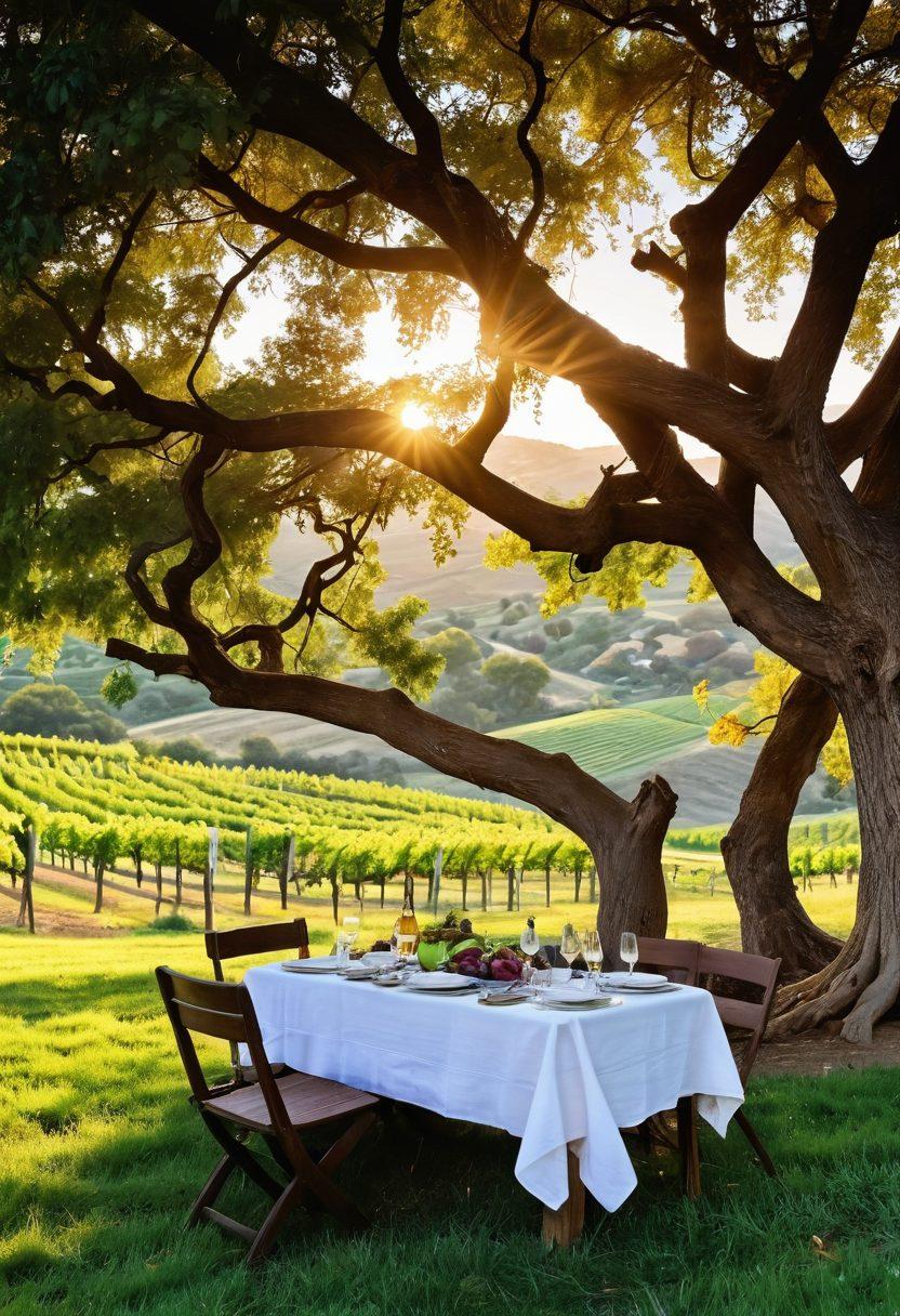 A lush vineyard landscape in Ashland with rolling hills, vibrant green vines heavy with ripe grapes, and a family picnicking under a large oak tree. A whimsical sunset casts golden hues over the scene, inviting the viewer to explore hidden gems in the surroundings, such as a rustic wine cellar peeking through the foliage. Soft, inviting textures and warm lighting enhance the picturesque setting. vibrant colors. super-realistic. sunset lighting.